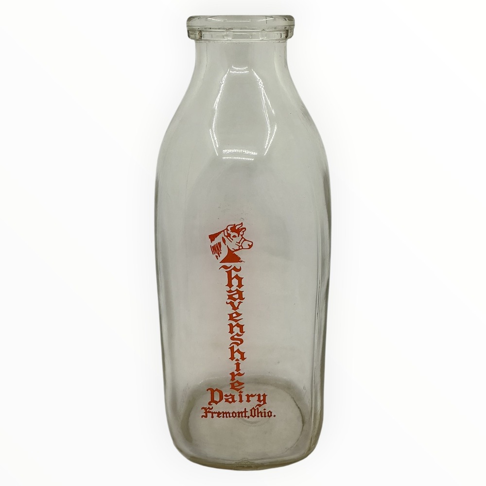 Vintage Havenshire Dairy Fremont Ohio Quart Milk Bottle Orange Pyro Cow Graphic